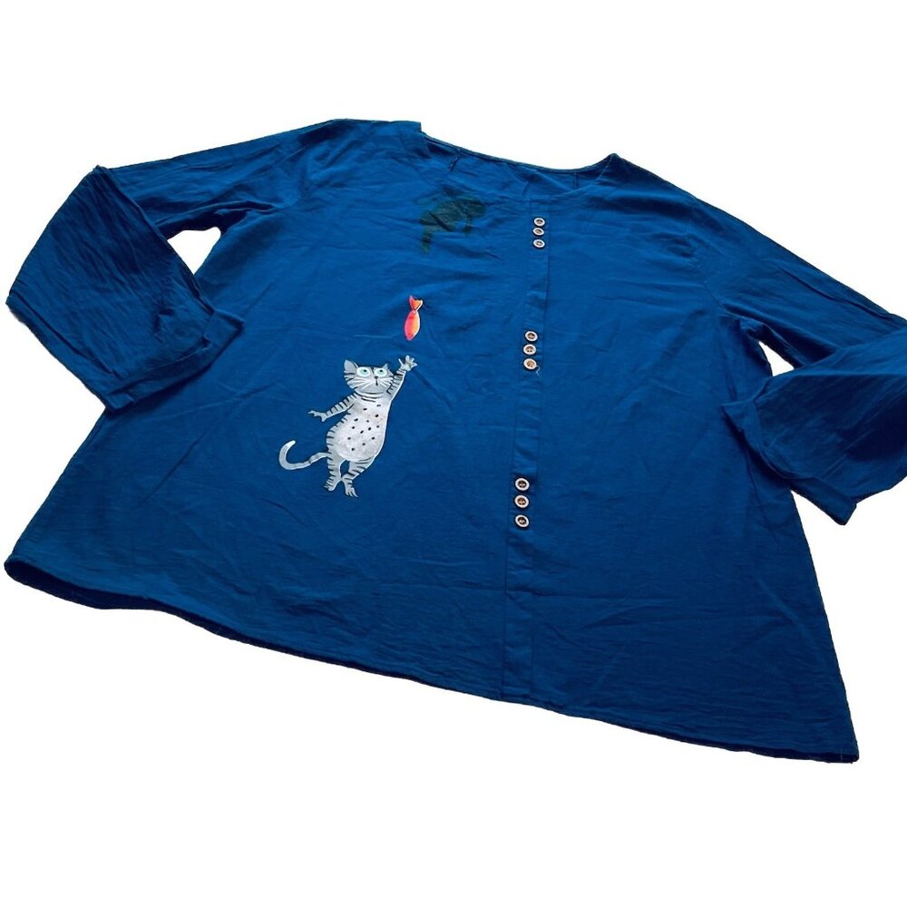 Gracila Women’s Plus 4X Long Sleeve Cat Embroidered Blouse Whimsical Blue Meow